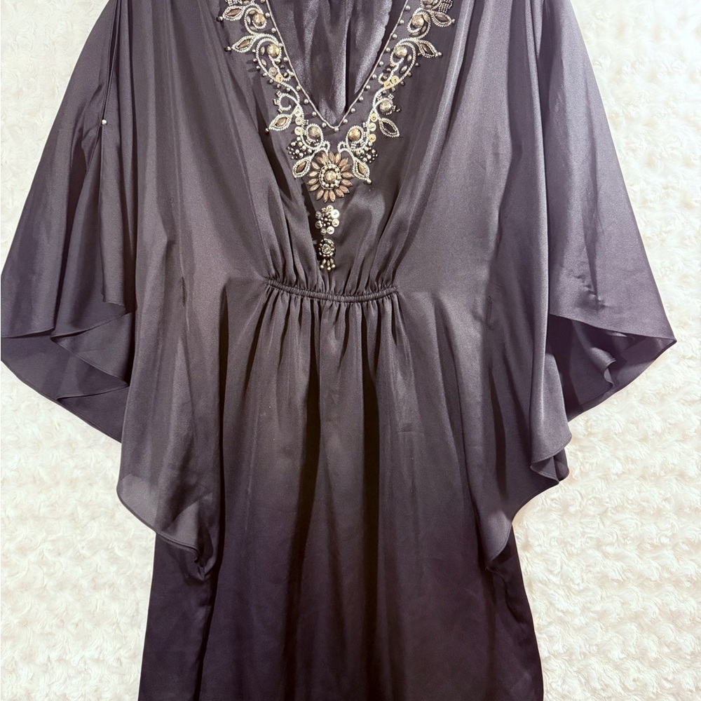 White House Black Market Women's Size S Beaded Kimono Cold Shoulder Glossy Dress